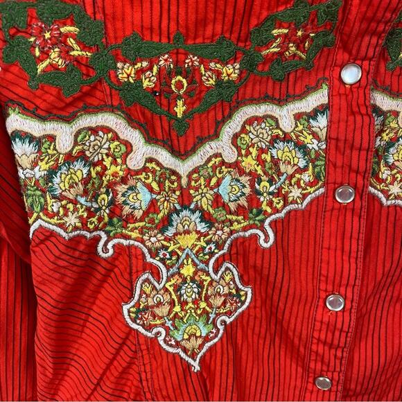 Johnny Was 3J Workshop Orange Embroidered Pearl Snap Blouse Sz.M - Picture 5 of 11